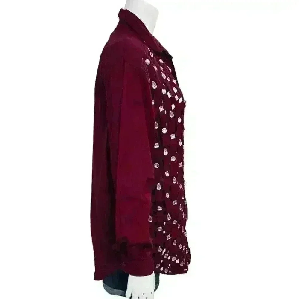 Yak Magik Vintage Rhinestone Basket Weave Button Down Shirt Deep Plum Size L
